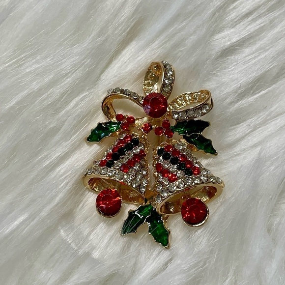 Pin Brooch Christmas Holiday Gold Tone With Rhinestones New - Picture 1 of 6
